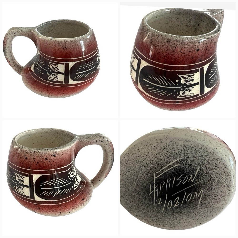 Navajo Artist Tom Harrison Hand Made Signed Mug w/Carved/Etched Feathers #2/08